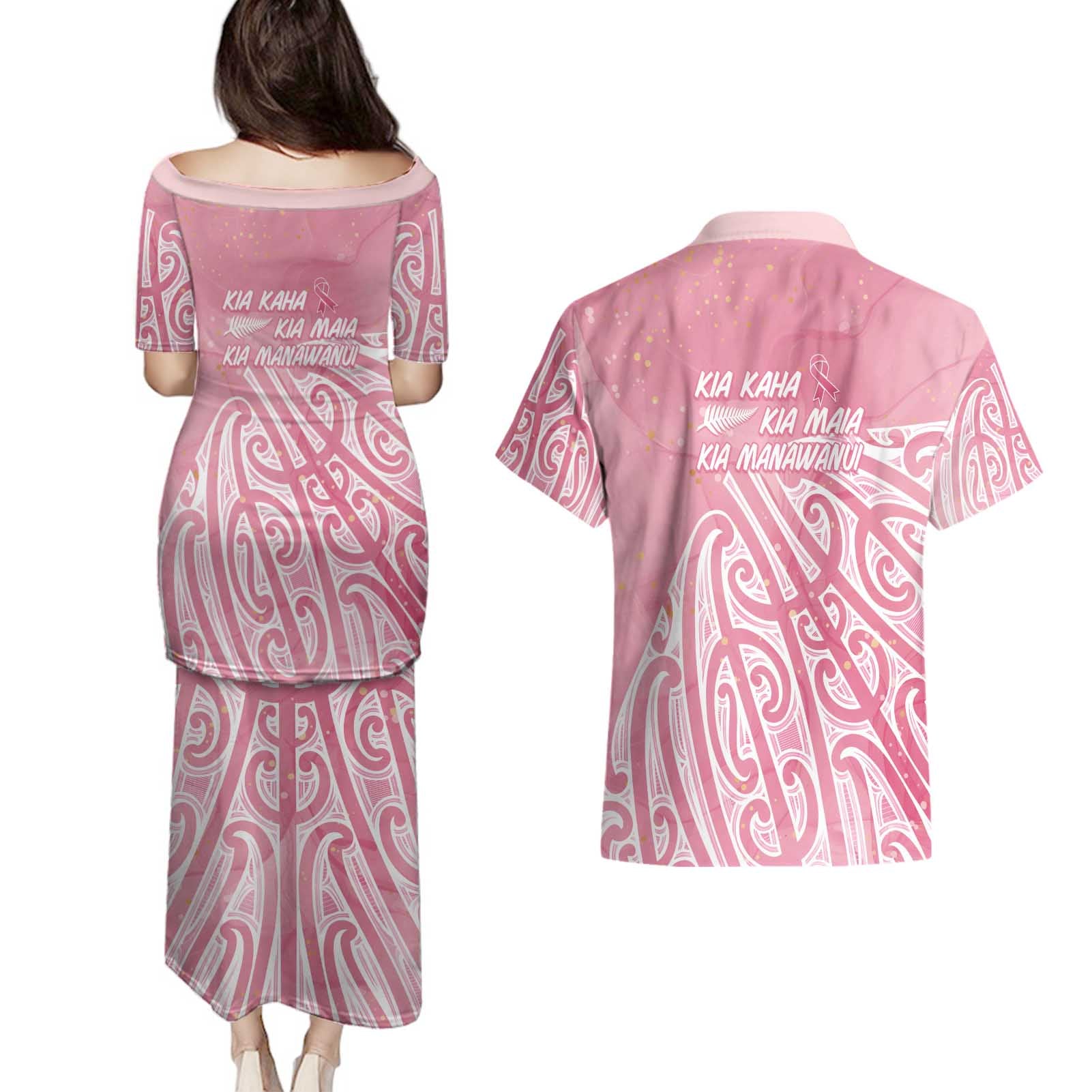 Breast Cancer Awareness Maori Couples Matching Puletasi and Hawaiian Shirt Kia Kaha Kia Maia Kia Manawanui - Vibe Hoodie