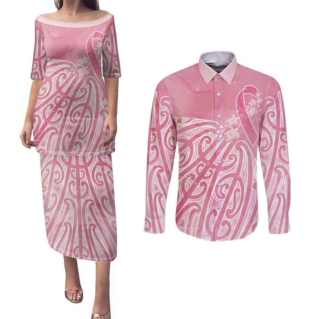 Breast Cancer Awareness Maori Couples Matching Puletasi and Long Sleeve Button Shirt Kia Kaha Kia Maia Kia Manawanui - Vibe Hoodie