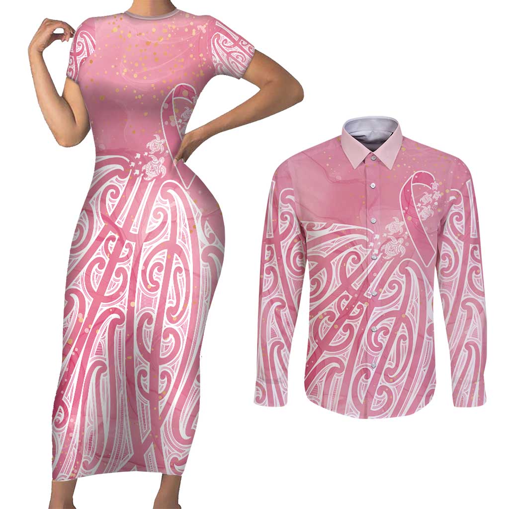 Breast Cancer Awareness Maori Couples Matching Short Sleeve Bodycon Dress and Long Sleeve Button Shirt Kia Kaha Kia Maia Kia Manawanui - Vibe Hoodie