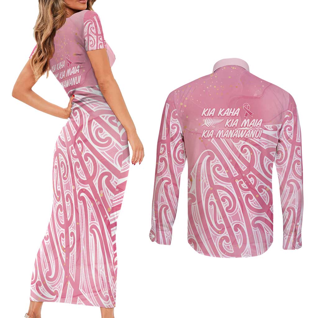 Breast Cancer Awareness Maori Couples Matching Short Sleeve Bodycon Dress and Long Sleeve Button Shirt Kia Kaha Kia Maia Kia Manawanui - Vibe Hoodie