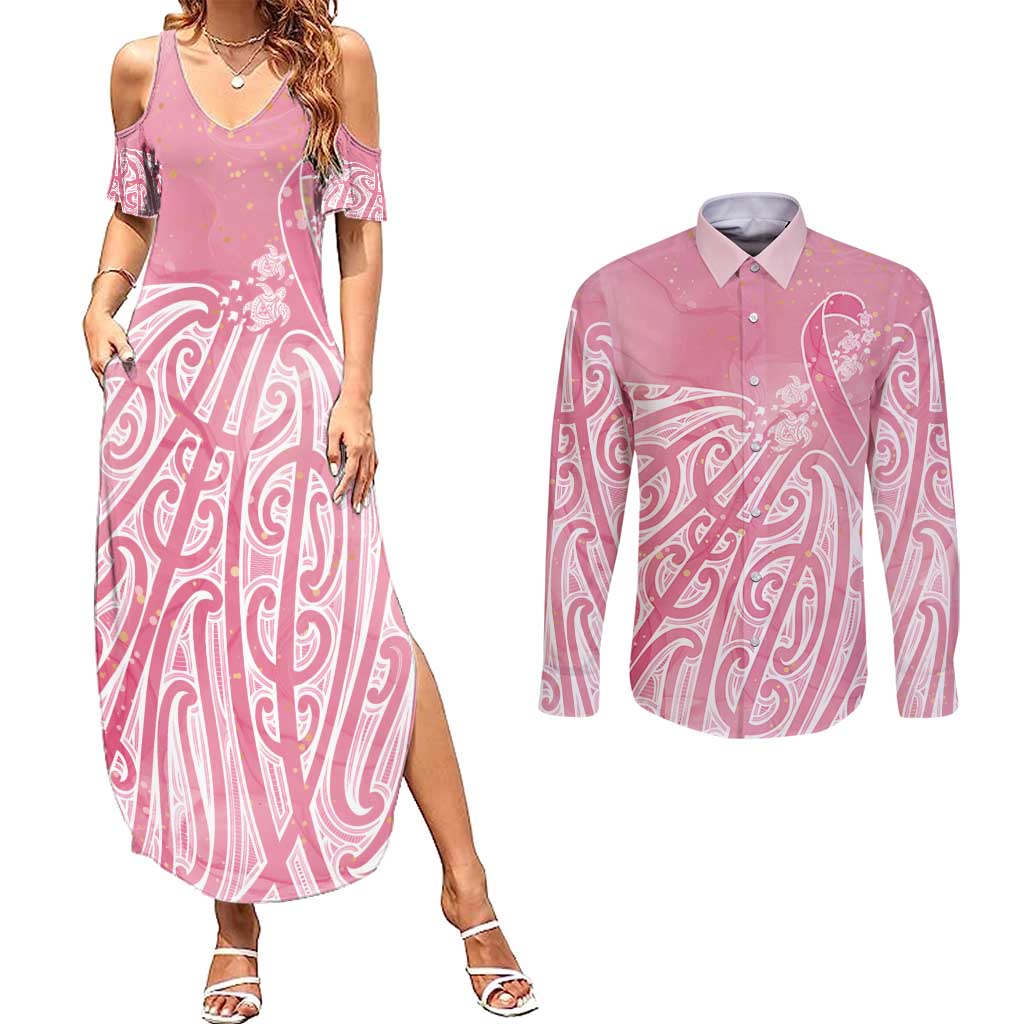 Breast Cancer Awareness Maori Couples Matching Summer Maxi Dress and Long Sleeve Button Shirt Kia Kaha Kia Maia Kia Manawanui - Vibe Hoodie