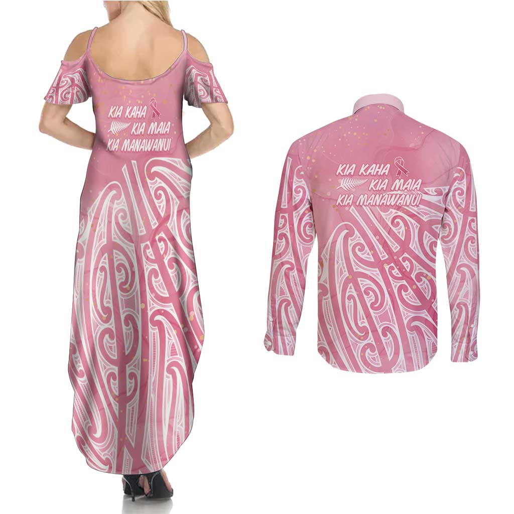 Breast Cancer Awareness Maori Couples Matching Summer Maxi Dress and Long Sleeve Button Shirt Kia Kaha Kia Maia Kia Manawanui - Vibe Hoodie