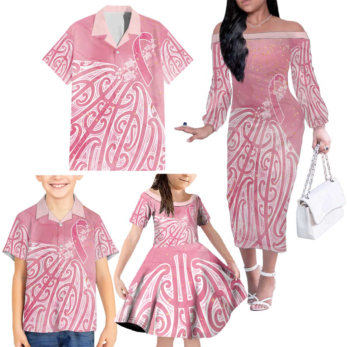 Breast Cancer Awareness Maori Family Matching Off The Shoulder Long Sleeve Dress and Hawaiian Shirt Kia Kaha Kia Maia Kia Manawanui - Vibe Hoodie
