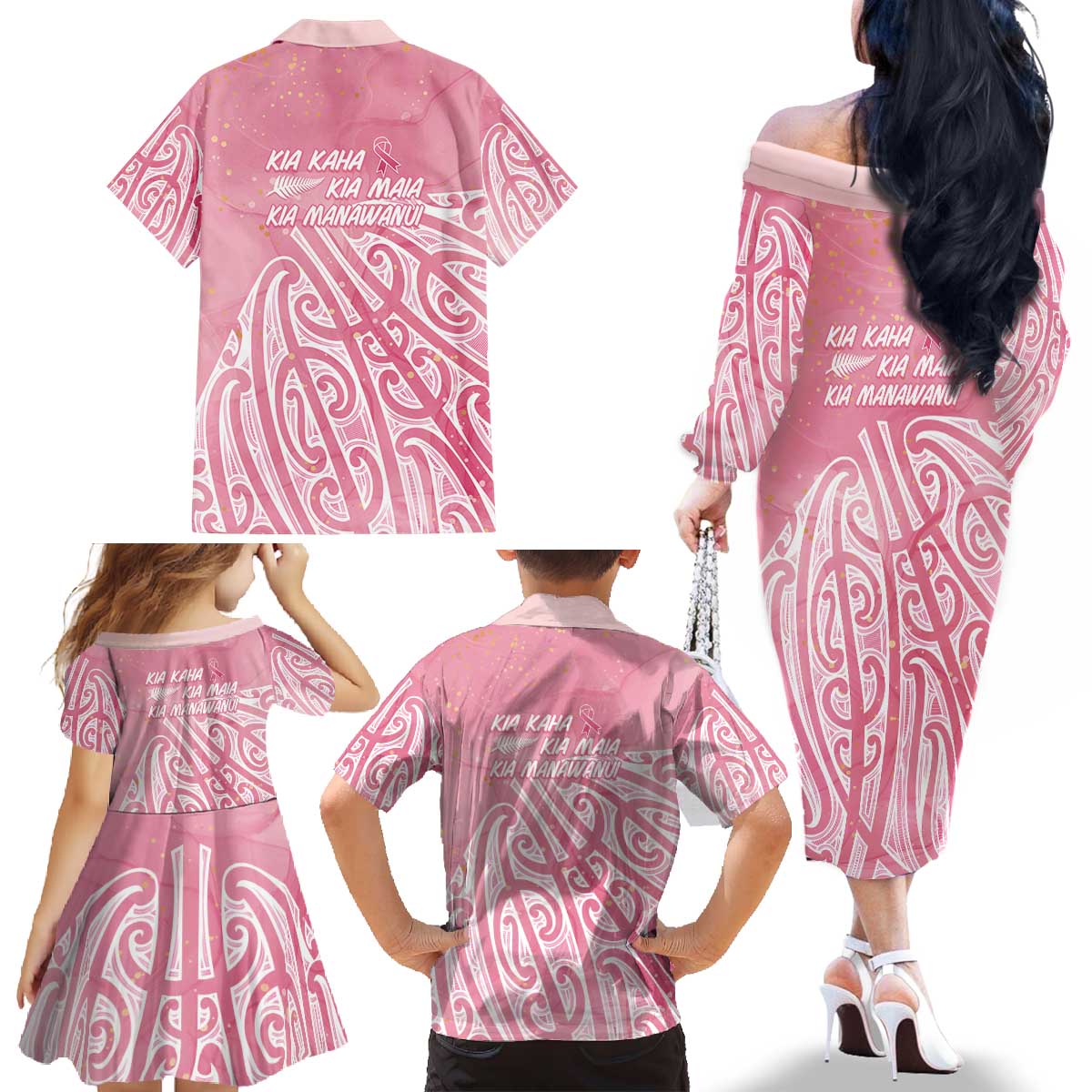 Breast Cancer Awareness Maori Family Matching Off The Shoulder Long Sleeve Dress and Hawaiian Shirt Kia Kaha Kia Maia Kia Manawanui - Vibe Hoodie