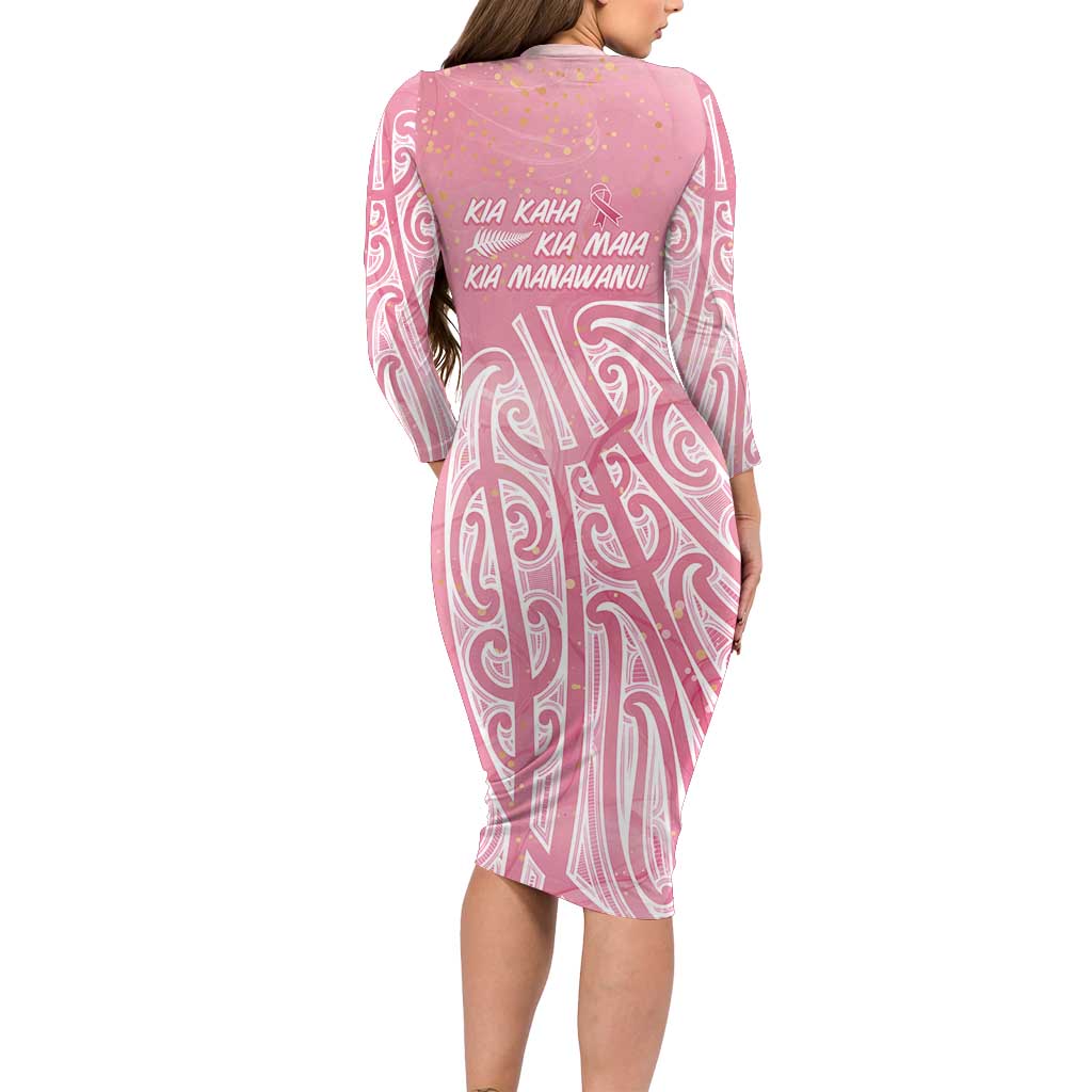 Breast Cancer Awareness Maori Long Sleeve Bodycon Dress Kia Kaha Kia Maia Kia Manawanui - Vibe Hoodie
