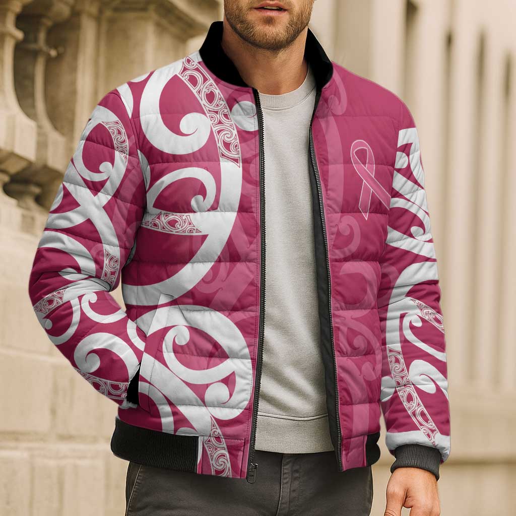 Breast Cancer Awareness Maori Bomber Puffer Jacket Koru Kowhaiwhai - Vibe Hoodie
