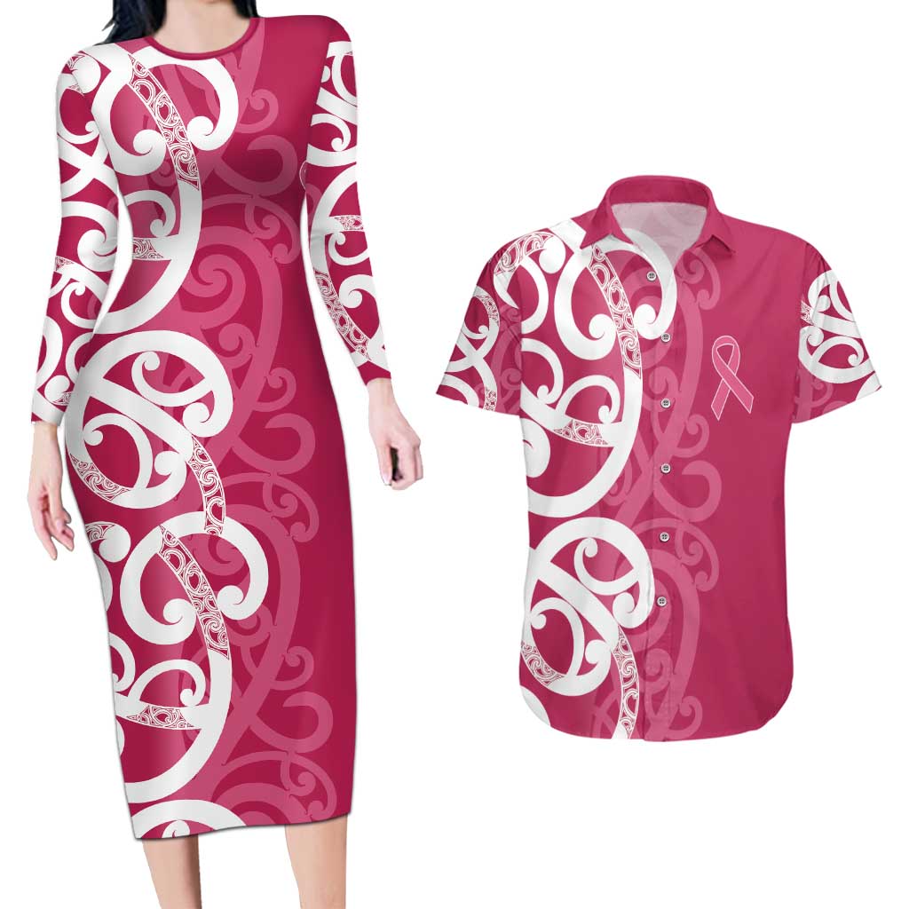 Breast Cancer Awareness Maori Couples Matching Long Sleeve Bodycon Dress and Hawaiian Shirt Koru Kowhaiwhai - Vibe Hoodie