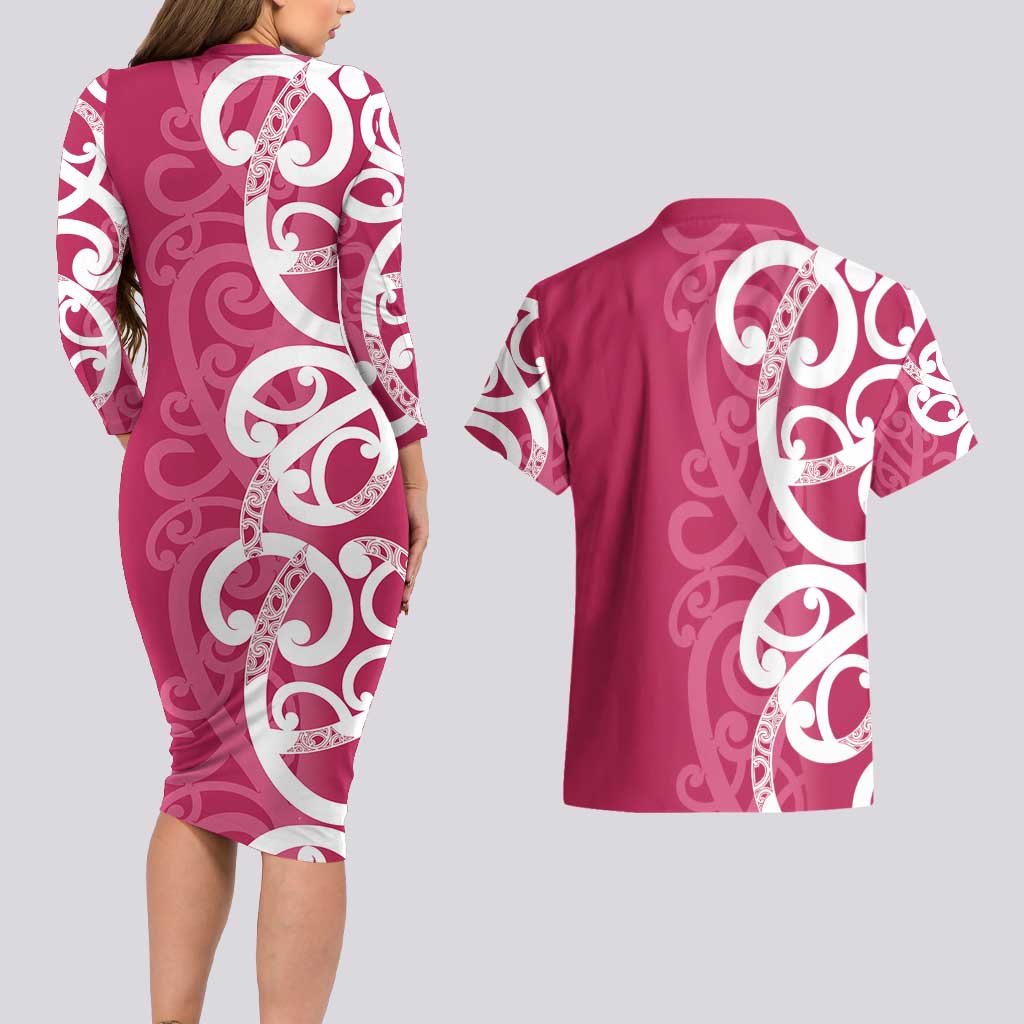 Breast Cancer Awareness Maori Couples Matching Long Sleeve Bodycon Dress and Hawaiian Shirt Koru Kowhaiwhai - Vibe Hoodie