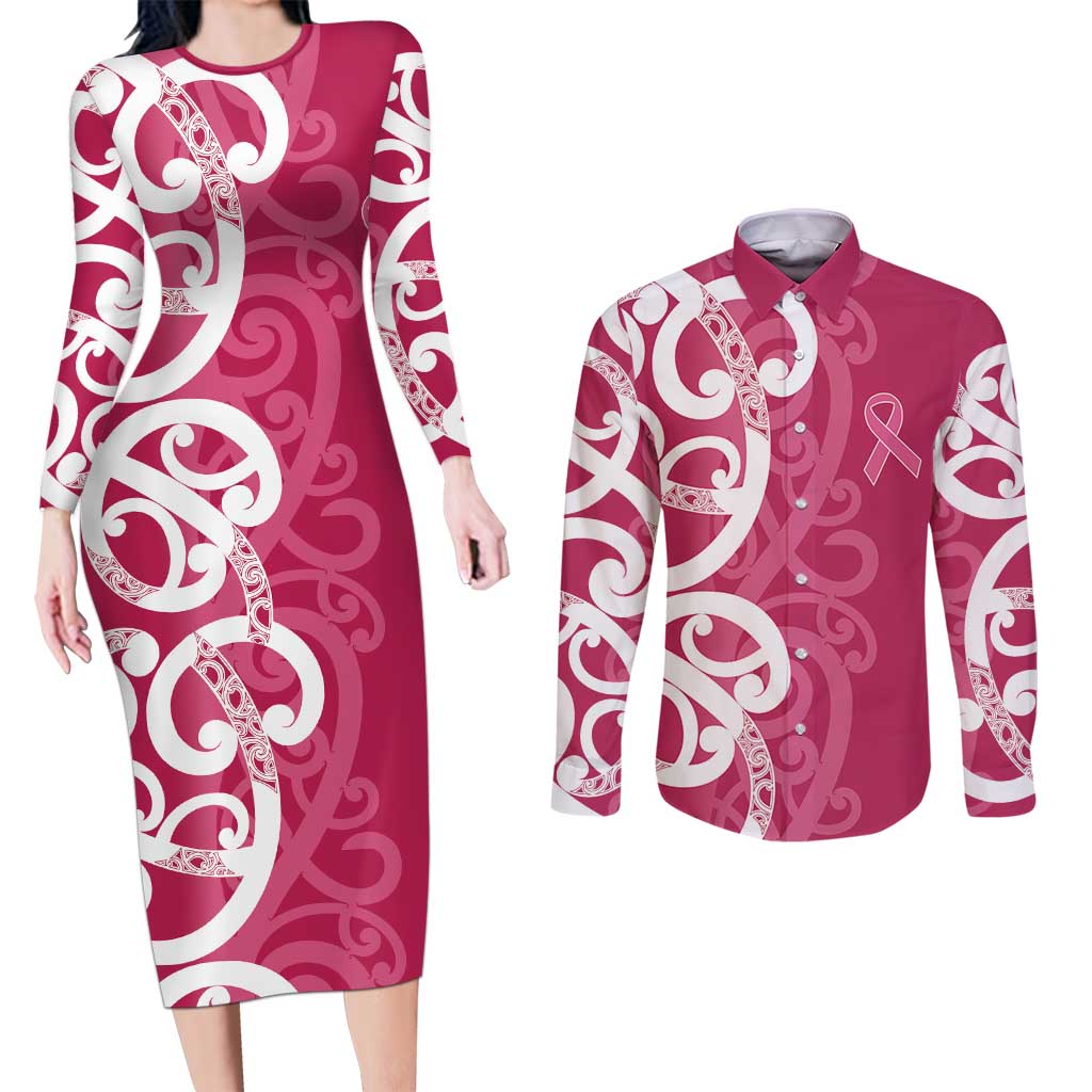Breast Cancer Awareness Maori Couples Matching Long Sleeve Bodycon Dress and Long Sleeve Button Shirt Koru Kowhaiwhai - Vibe Hoodie