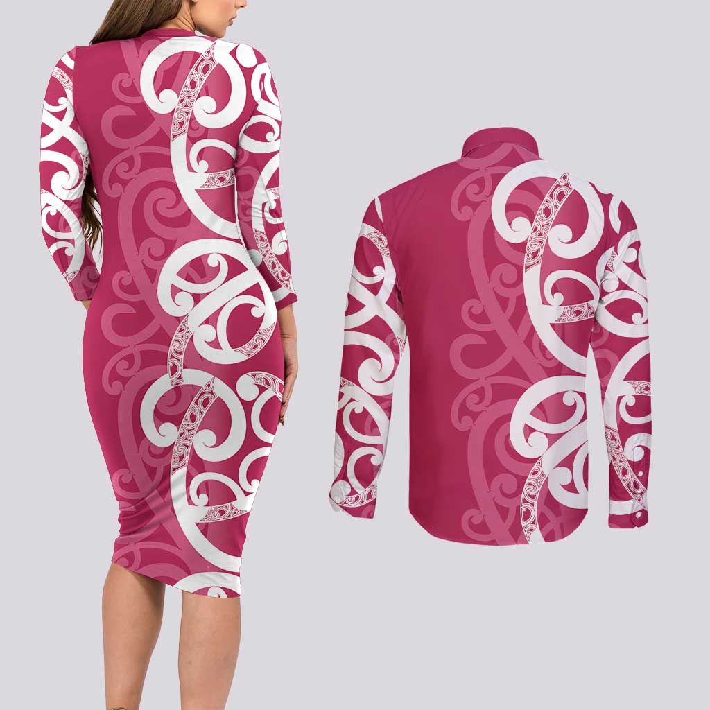 Breast Cancer Awareness Maori Couples Matching Long Sleeve Bodycon Dress and Long Sleeve Button Shirt Koru Kowhaiwhai - Vibe Hoodie