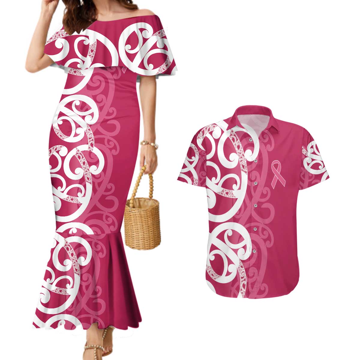 Breast Cancer Awareness Maori Couples Matching Mermaid Dress and Hawaiian Shirt Koru Kowhaiwhai - Vibe Hoodie