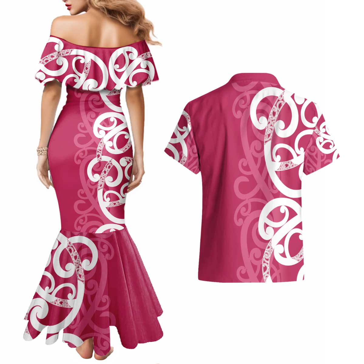Breast Cancer Awareness Maori Couples Matching Mermaid Dress and Hawaiian Shirt Koru Kowhaiwhai - Vibe Hoodie
