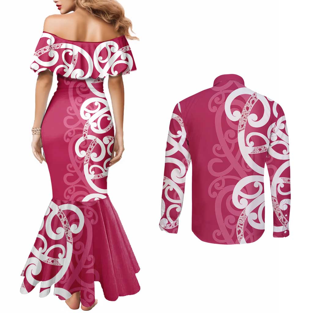 Breast Cancer Awareness Maori Couples Matching Mermaid Dress and Long Sleeve Button Shirt Koru Kowhaiwhai - Vibe Hoodie