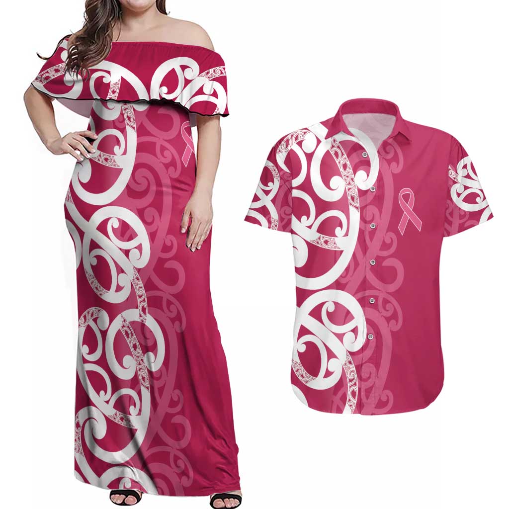 Breast Cancer Awareness Maori Couples Matching Off Shoulder Maxi Dress and Hawaiian Shirt Koru Kowhaiwhai - Vibe Hoodie