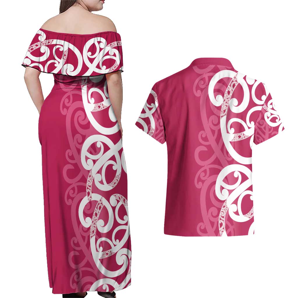 Breast Cancer Awareness Maori Couples Matching Off Shoulder Maxi Dress and Hawaiian Shirt Koru Kowhaiwhai - Vibe Hoodie