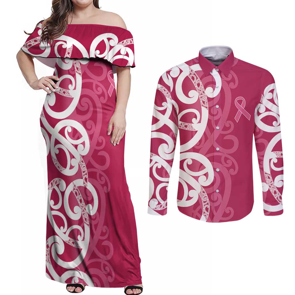 Breast Cancer Awareness Maori Couples Matching Off Shoulder Maxi Dress and Long Sleeve Button Shirt Koru Kowhaiwhai - Vibe Hoodie