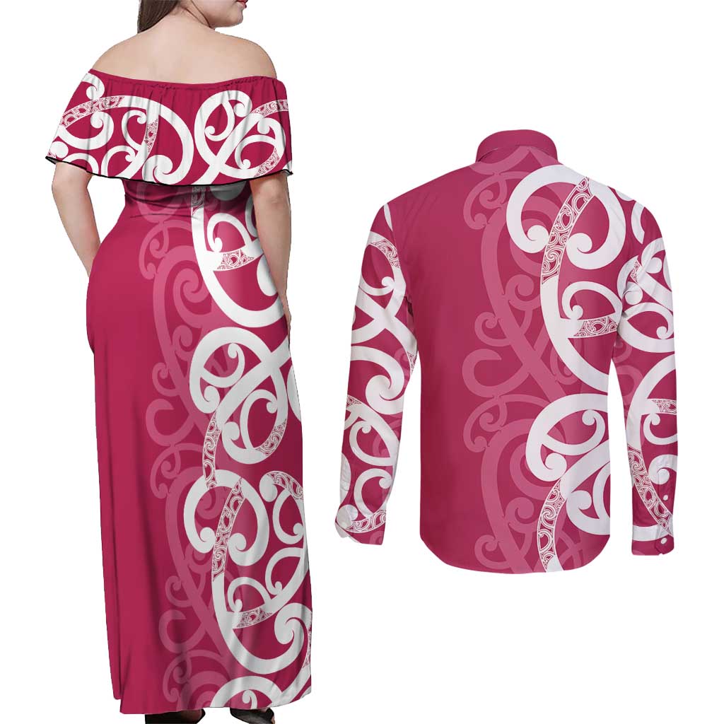 Breast Cancer Awareness Maori Couples Matching Off Shoulder Maxi Dress and Long Sleeve Button Shirt Koru Kowhaiwhai - Vibe Hoodie