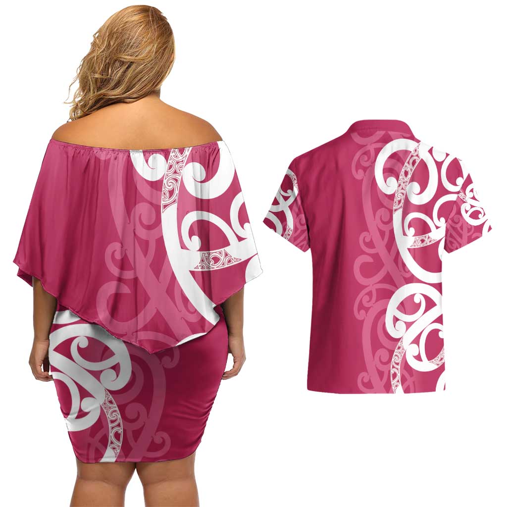 Breast Cancer Awareness Maori Couples Matching Off Shoulder Short Dress and Hawaiian Shirt Koru Kowhaiwhai - Vibe Hoodie