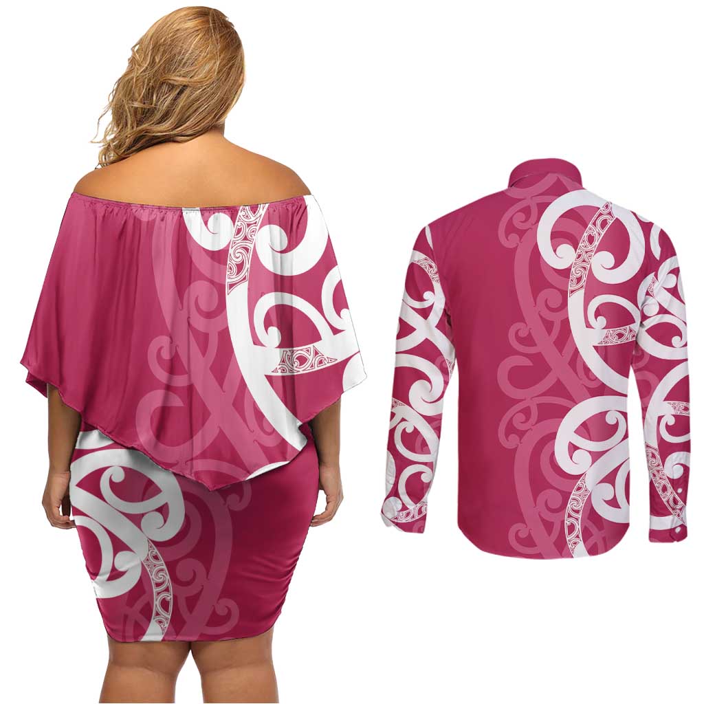 Breast Cancer Awareness Maori Couples Matching Off Shoulder Short Dress and Long Sleeve Button Shirt Koru Kowhaiwhai - Vibe Hoodie