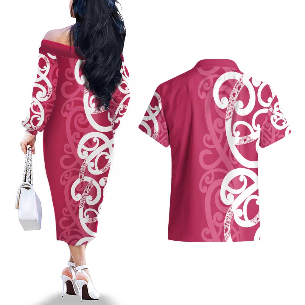 Breast Cancer Awareness Maori Couples Matching Off The Shoulder Long Sleeve Dress and Hawaiian Shirt Koru Kowhaiwhai - Vibe Hoodie