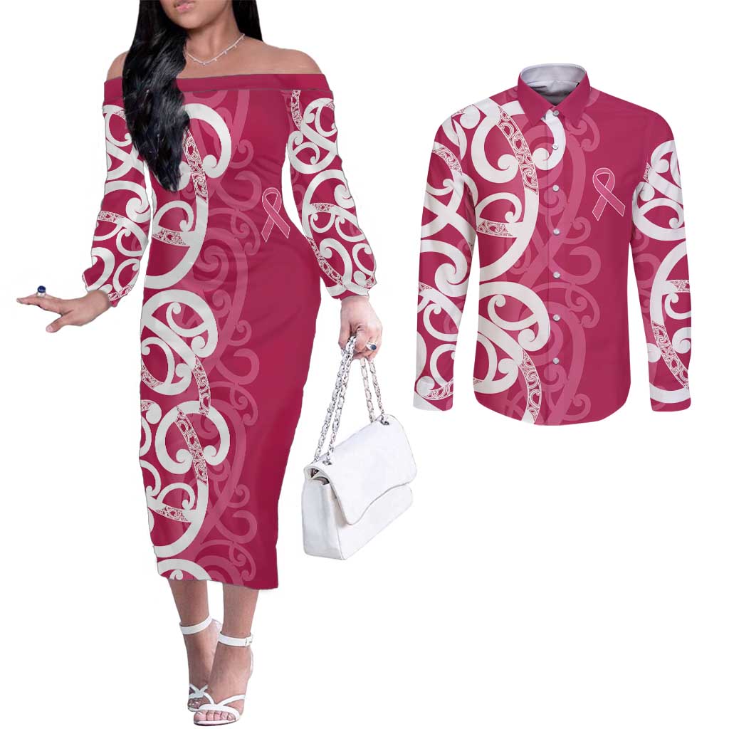 Breast Cancer Awareness Maori Couples Matching Off The Shoulder Long Sleeve Dress and Long Sleeve Button Shirt Koru Kowhaiwhai - Vibe Hoodie