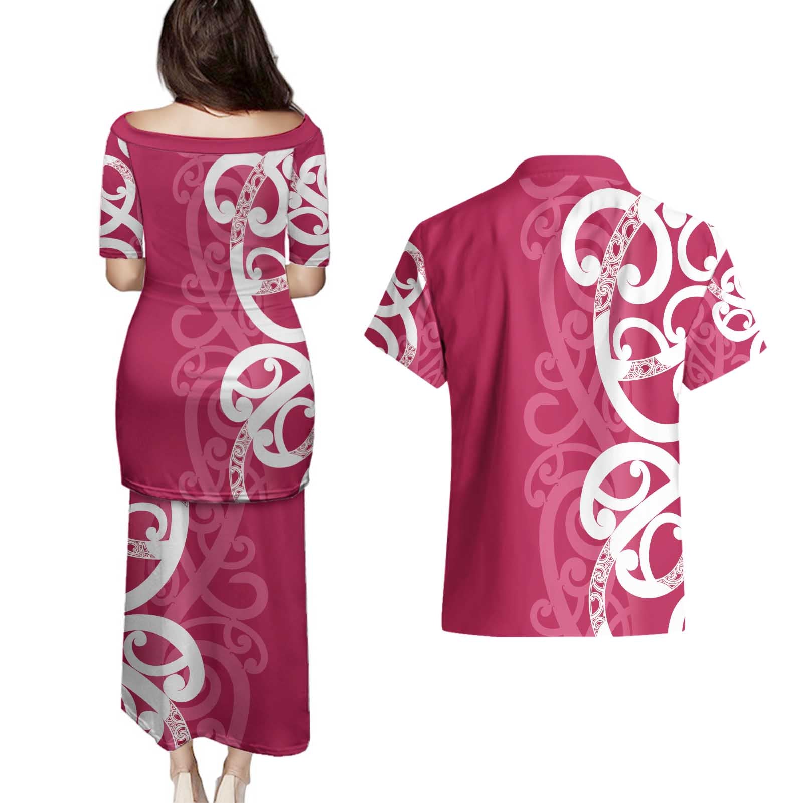 Breast Cancer Awareness Maori Couples Matching Puletasi and Hawaiian Shirt Koru Kowhaiwhai - Vibe Hoodie