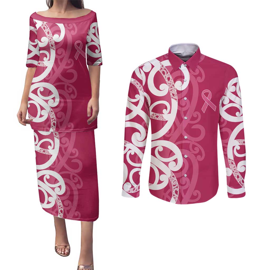 Breast Cancer Awareness Maori Couples Matching Puletasi and Long Sleeve Button Shirt Koru Kowhaiwhai - Vibe Hoodie