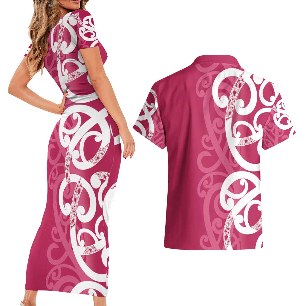 Breast Cancer Awareness Maori Couples Matching Short Sleeve Bodycon Dress and Hawaiian Shirt Koru Kowhaiwhai - Vibe Hoodie