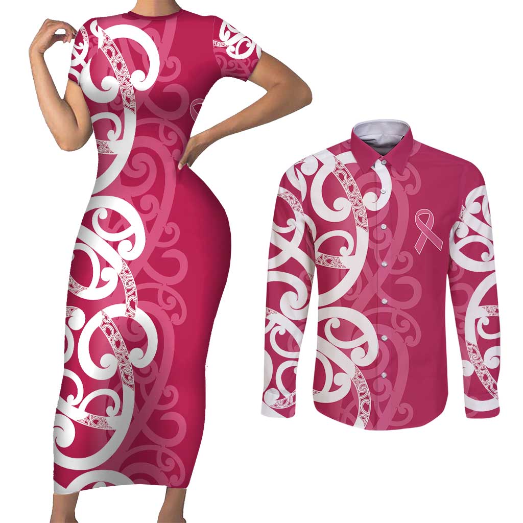 Breast Cancer Awareness Maori Couples Matching Short Sleeve Bodycon Dress and Long Sleeve Button Shirt Koru Kowhaiwhai - Vibe Hoodie