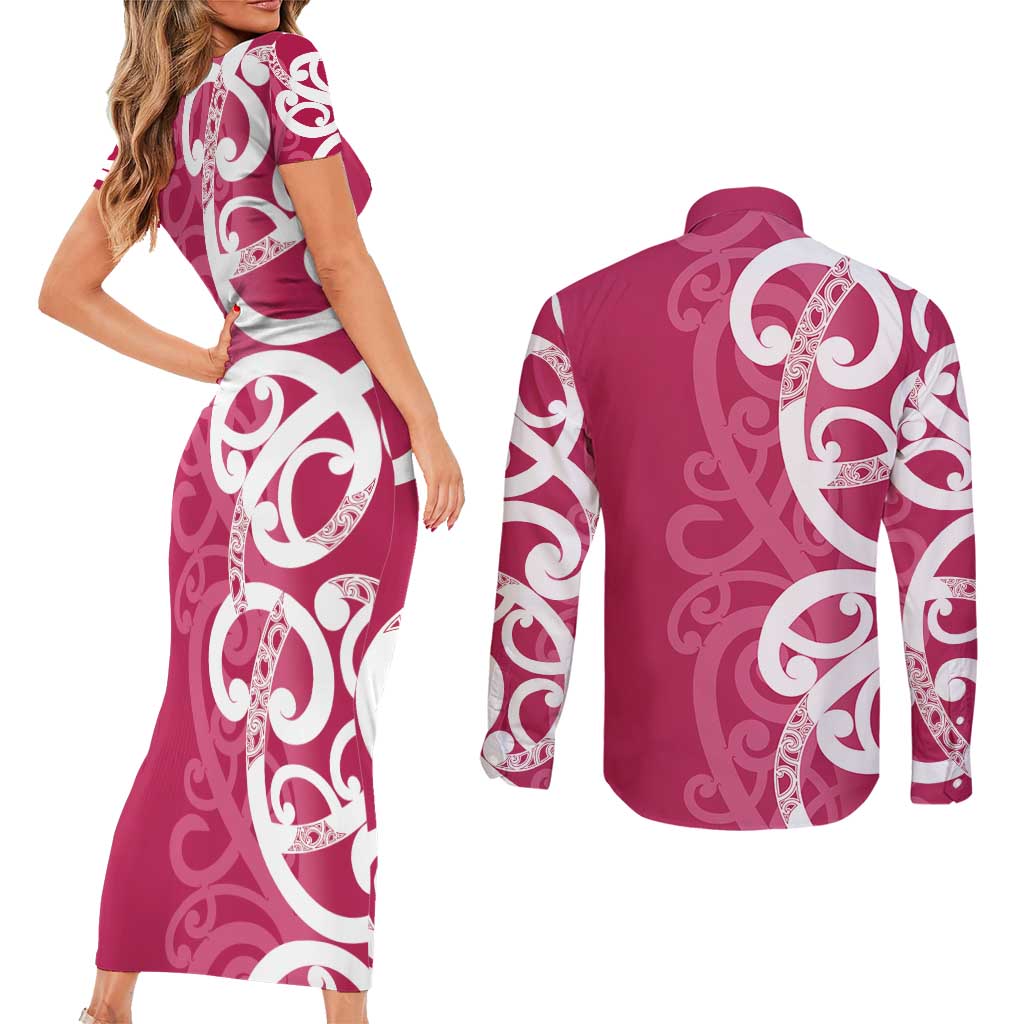 Breast Cancer Awareness Maori Couples Matching Short Sleeve Bodycon Dress and Long Sleeve Button Shirt Koru Kowhaiwhai - Vibe Hoodie