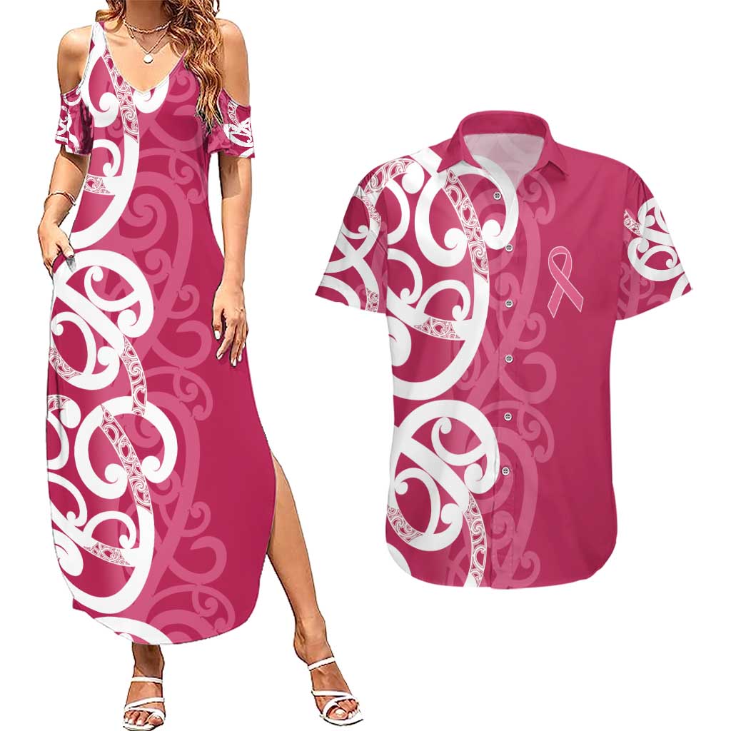 Breast Cancer Awareness Maori Couples Matching Summer Maxi Dress and Hawaiian Shirt Koru Kowhaiwhai - Vibe Hoodie