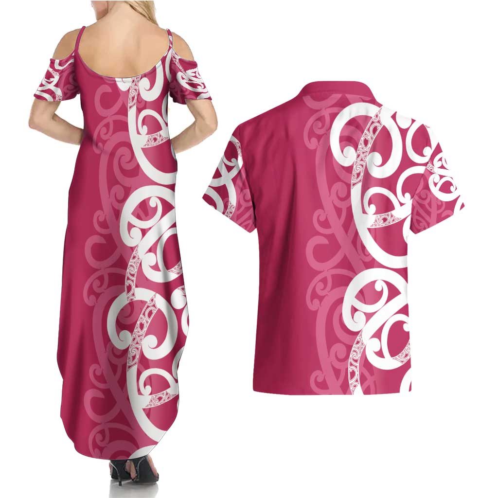 Breast Cancer Awareness Maori Couples Matching Summer Maxi Dress and Hawaiian Shirt Koru Kowhaiwhai - Vibe Hoodie