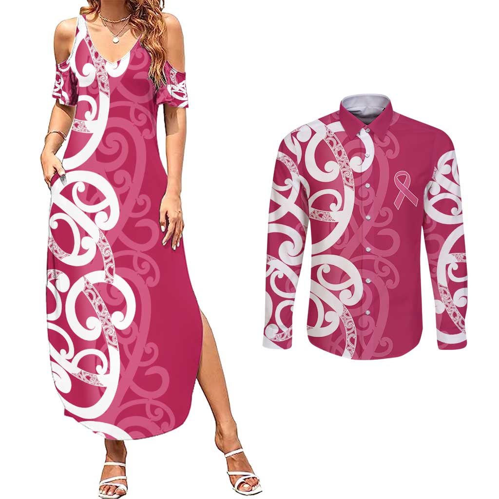 Breast Cancer Awareness Maori Couples Matching Summer Maxi Dress and Long Sleeve Button Shirt Koru Kowhaiwhai - Vibe Hoodie