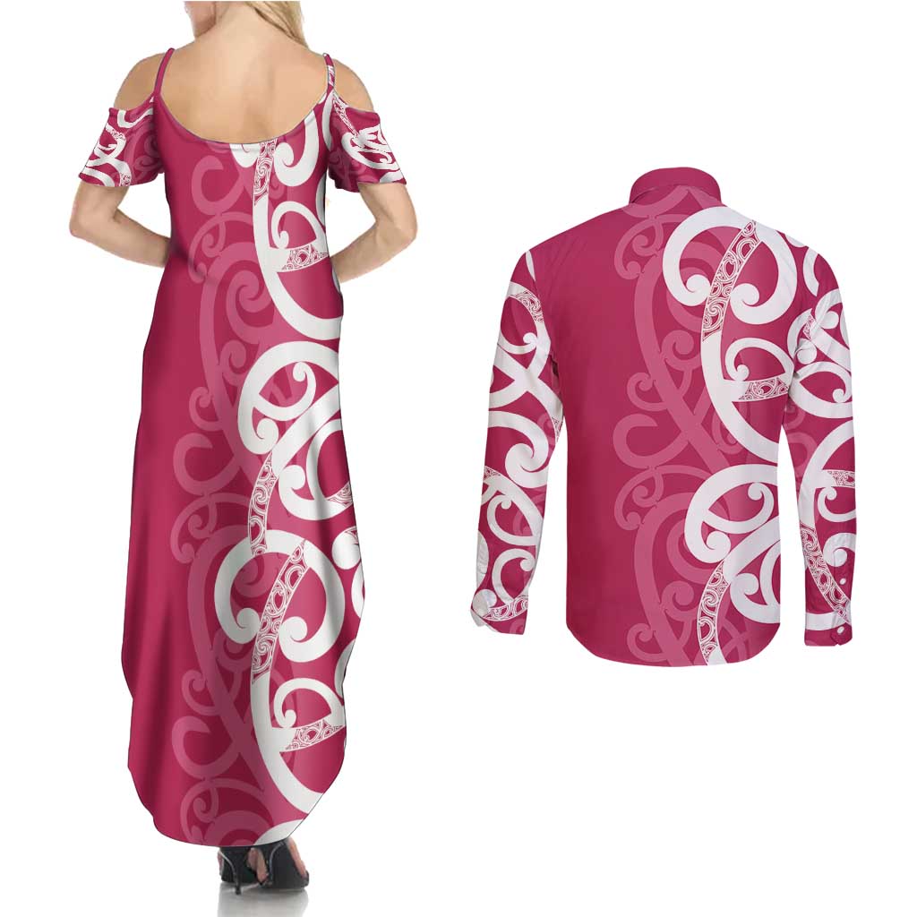 Breast Cancer Awareness Maori Couples Matching Summer Maxi Dress and Long Sleeve Button Shirt Koru Kowhaiwhai - Vibe Hoodie