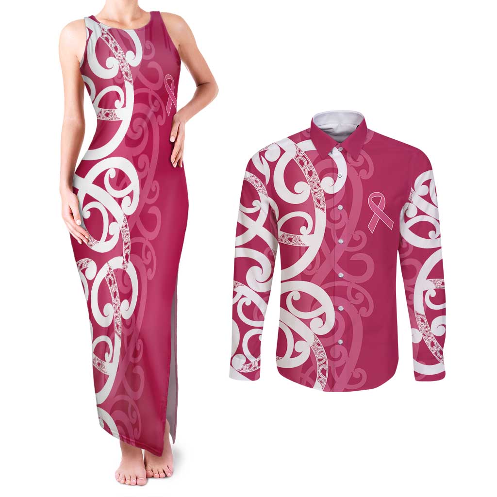 Breast Cancer Awareness Maori Couples Matching Tank Maxi Dress and Long Sleeve Button Shirt Koru Kowhaiwhai - Vibe Hoodie