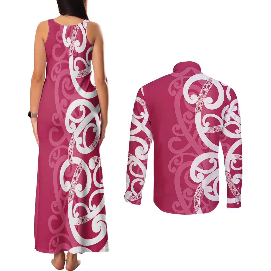 Breast Cancer Awareness Maori Couples Matching Tank Maxi Dress and Long Sleeve Button Shirt Koru Kowhaiwhai - Vibe Hoodie