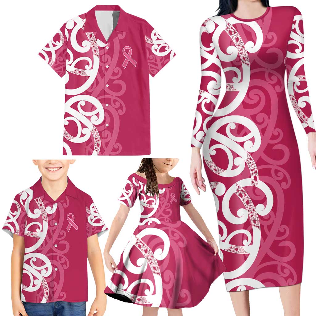 Breast Cancer Awareness Maori Family Matching Long Sleeve Bodycon Dress and Hawaiian Shirt Koru Kowhaiwhai - Vibe Hoodie