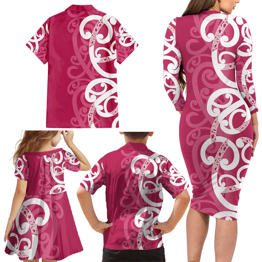 Breast Cancer Awareness Maori Family Matching Long Sleeve Bodycon Dress and Hawaiian Shirt Koru Kowhaiwhai - Vibe Hoodie