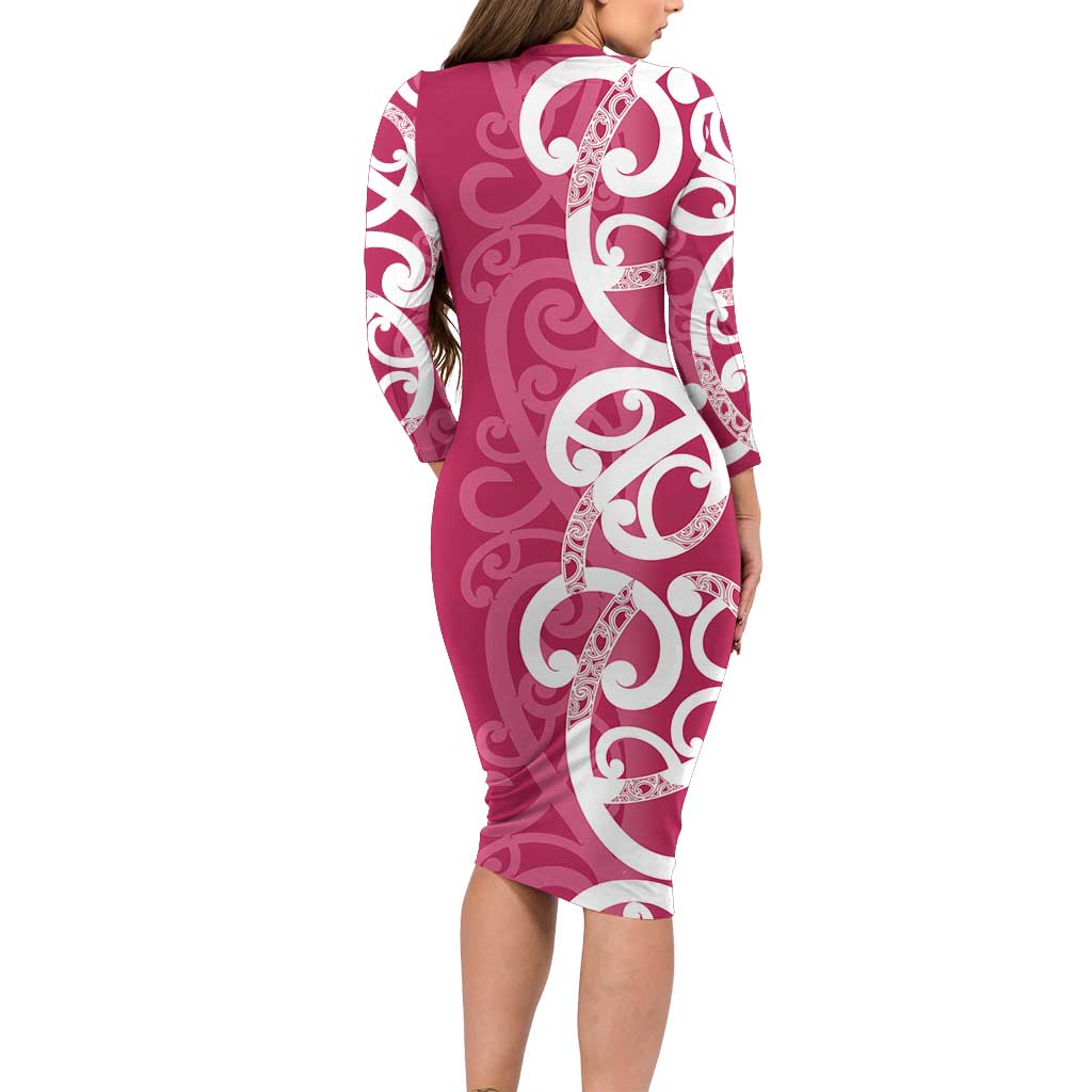 Breast Cancer Awareness Maori Family Matching Long Sleeve Bodycon Dress and Hawaiian Shirt Koru Kowhaiwhai - Vibe Hoodie