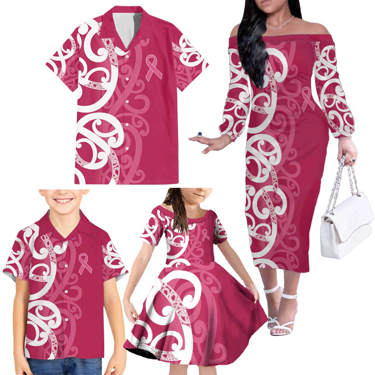 Breast Cancer Awareness Maori Family Matching Off The Shoulder Long Sleeve Dress and Hawaiian Shirt Koru Kowhaiwhai - Vibe Hoodie