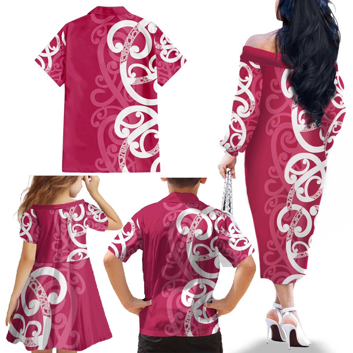 Breast Cancer Awareness Maori Family Matching Off The Shoulder Long Sleeve Dress and Hawaiian Shirt Koru Kowhaiwhai - Vibe Hoodie