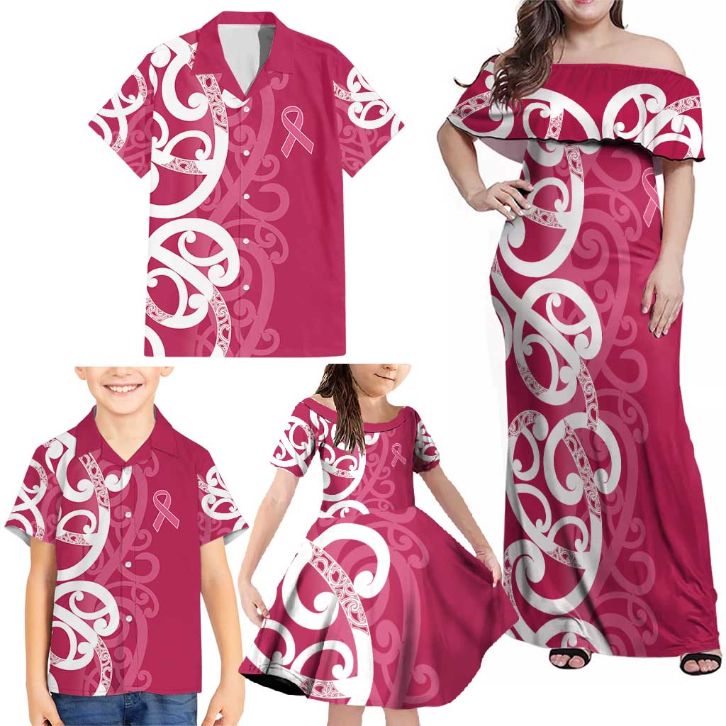 Breast Cancer Awareness Maori Family Matching Off Shoulder Maxi Dress and Hawaiian Shirt Koru Kowhaiwhai - Vibe Hoodie