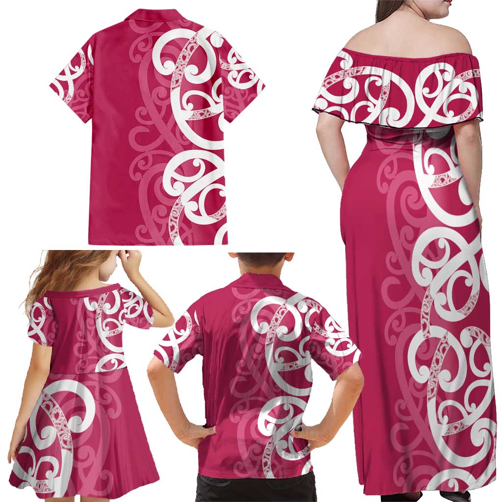 Breast Cancer Awareness Maori Family Matching Off Shoulder Maxi Dress and Hawaiian Shirt Koru Kowhaiwhai - Vibe Hoodie