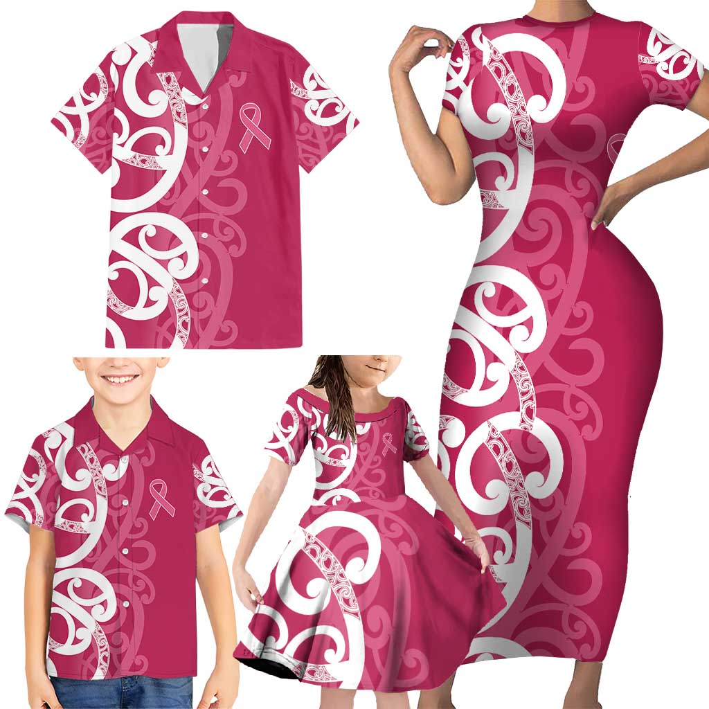 Breast Cancer Awareness Maori Family Matching Short Sleeve Bodycon Dress and Hawaiian Shirt Koru Kowhaiwhai - Vibe Hoodie