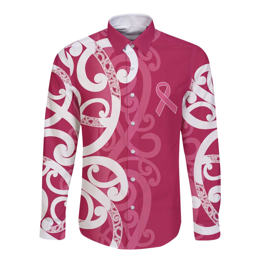 Breast Cancer Awareness Maori Long Sleeve Button Shirt Koru Kowhaiwhai - Vibe Hoodie