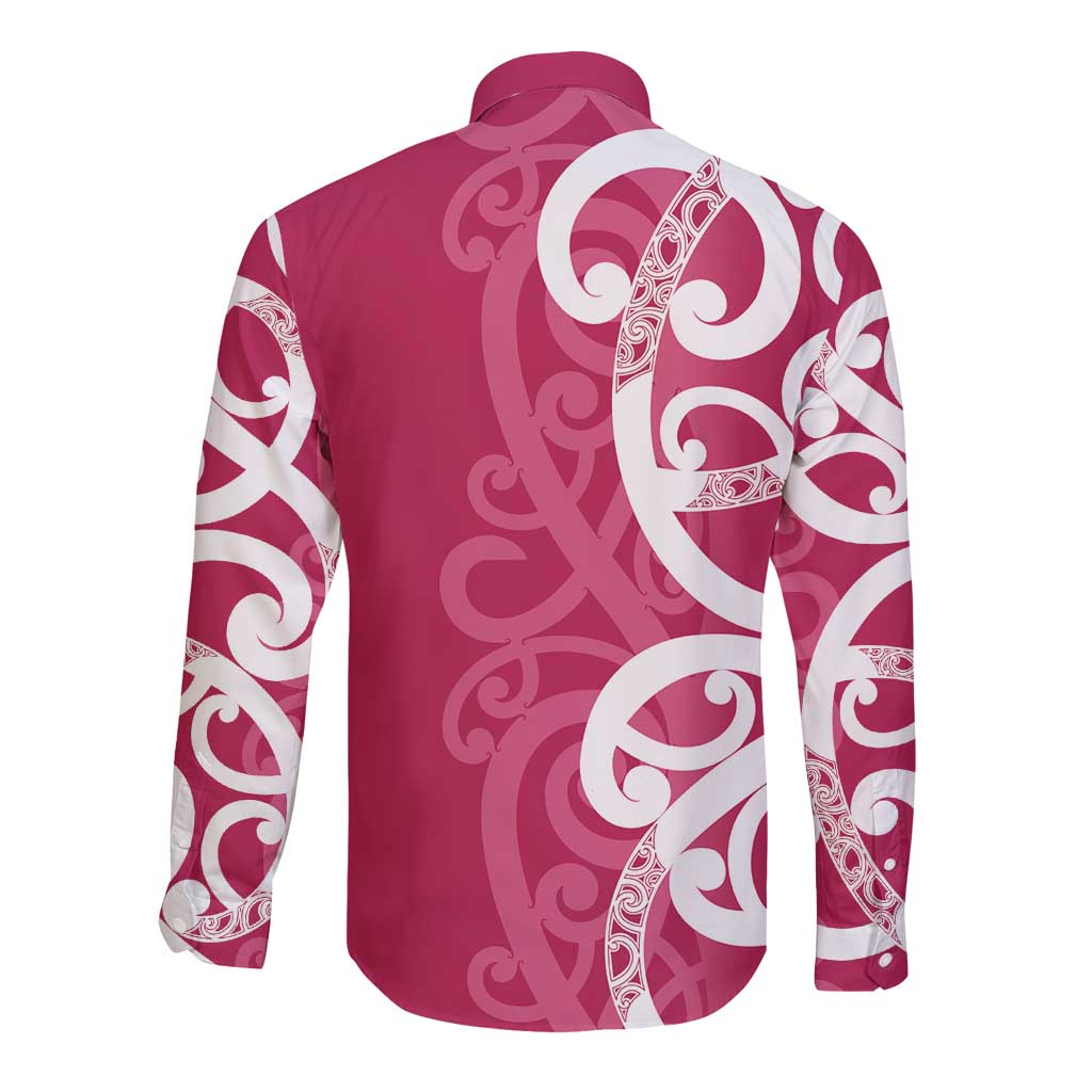 Breast Cancer Awareness Maori Long Sleeve Button Shirt Koru Kowhaiwhai - Vibe Hoodie
