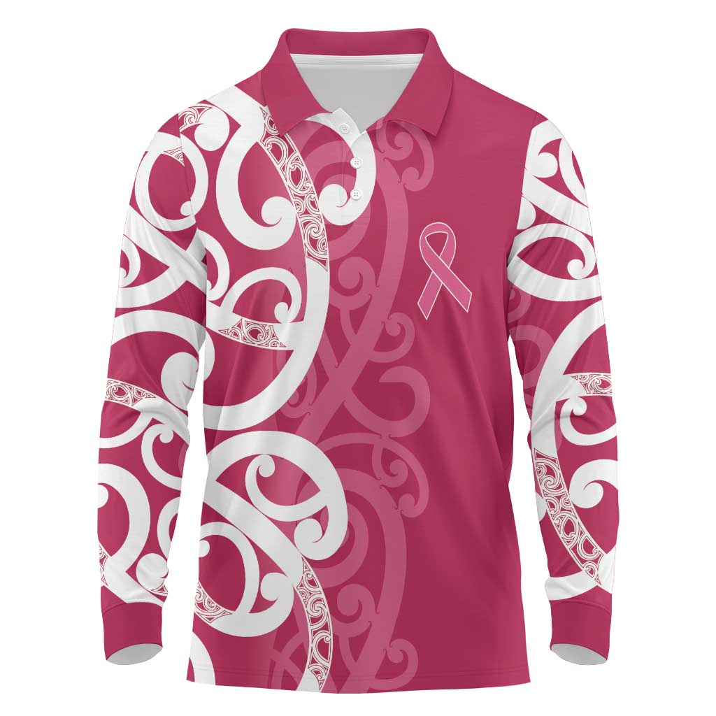 Breast Cancer Awareness Maori Long Sleeve Polo Shirt Koru Kowhaiwhai - Vibe Hoodie