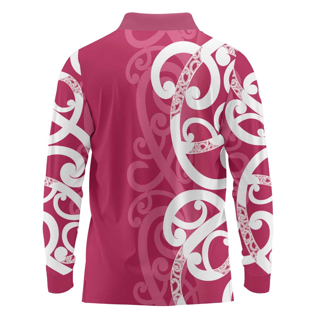 Breast Cancer Awareness Maori Long Sleeve Polo Shirt Koru Kowhaiwhai - Vibe Hoodie