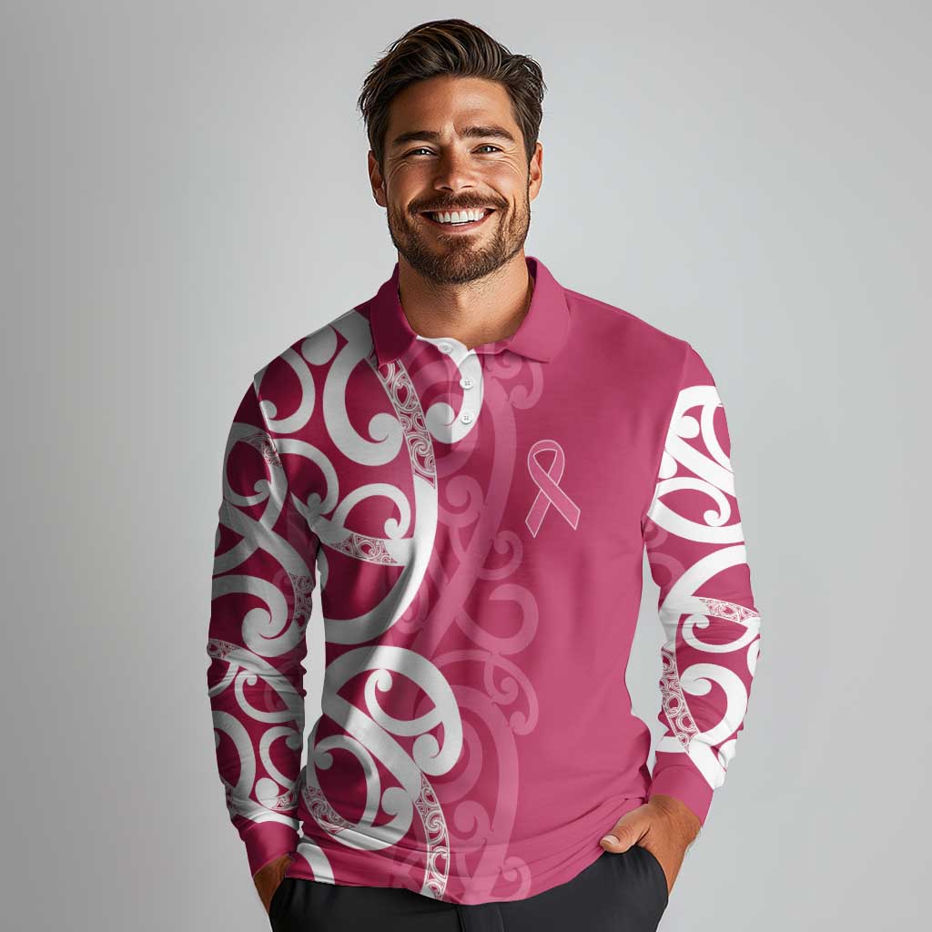 Breast Cancer Awareness Maori Long Sleeve Polo Shirt Koru Kowhaiwhai - Vibe Hoodie