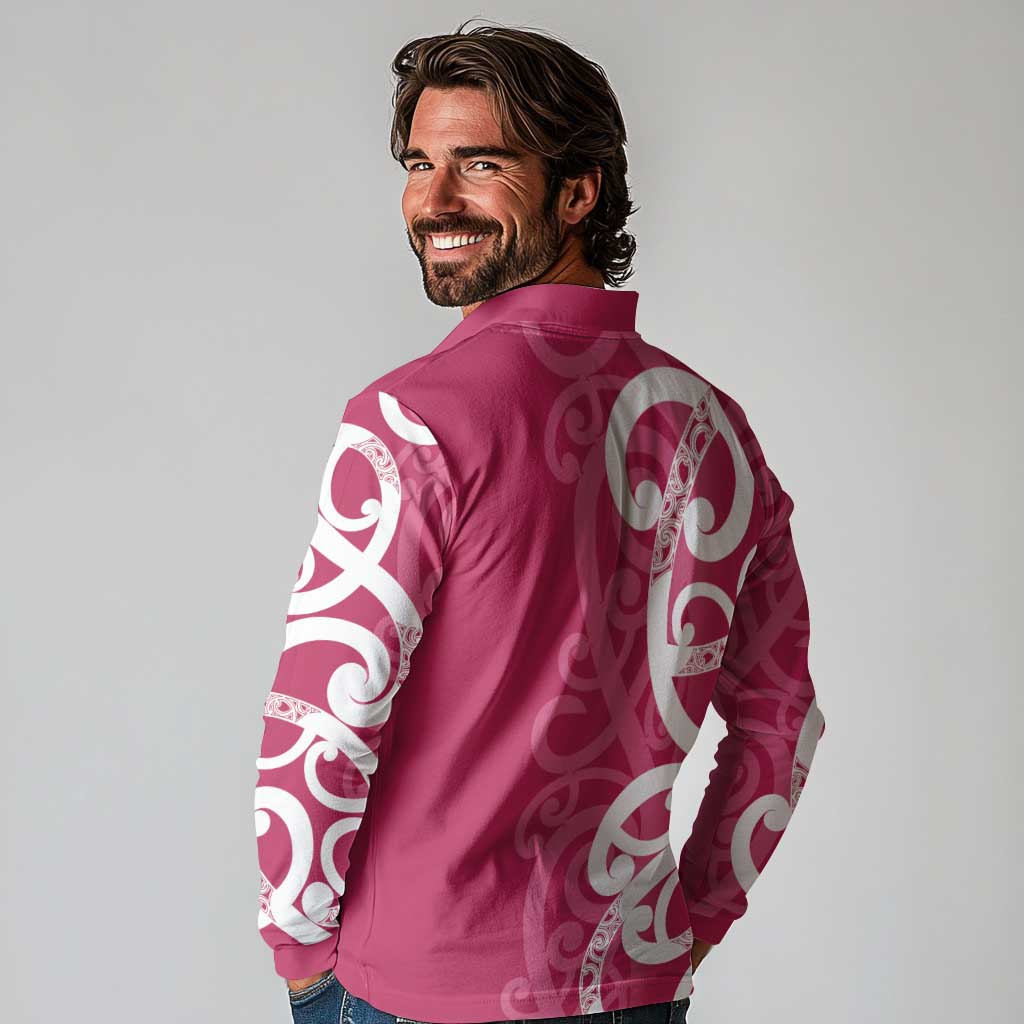 Breast Cancer Awareness Maori Long Sleeve Polo Shirt Koru Kowhaiwhai - Vibe Hoodie